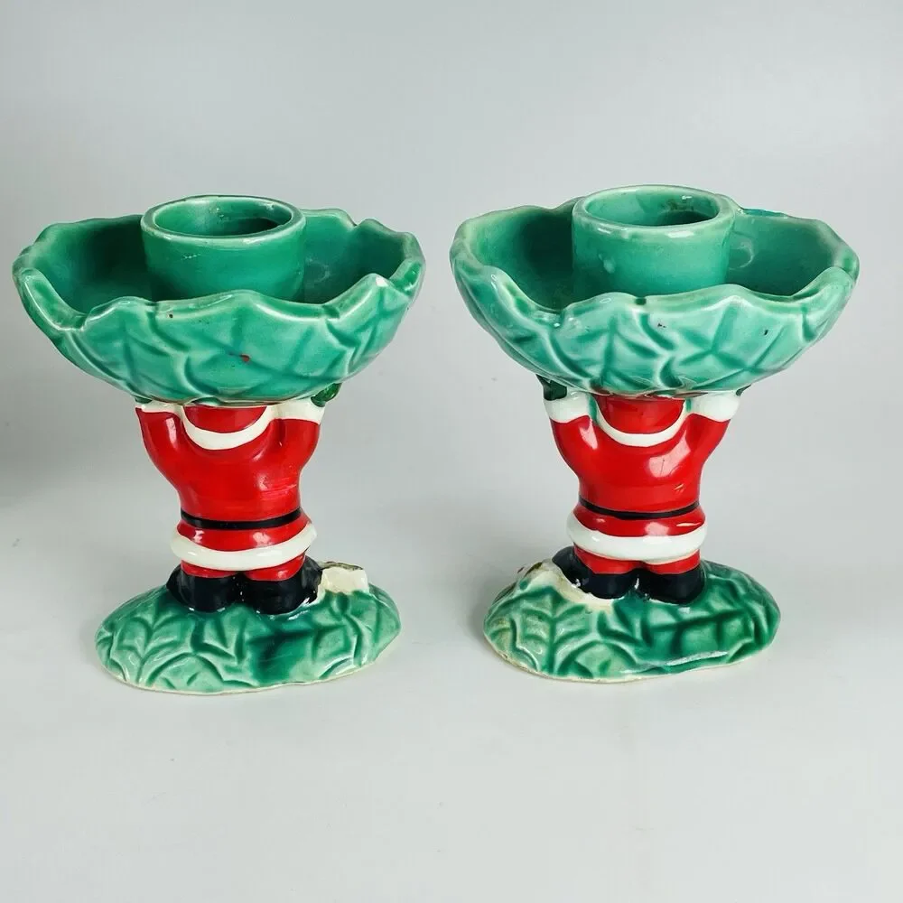 VTG NAPCO Ware Santa Christmas Set 1962 Candy Dish Candle Holder Holly Ceramic